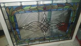 Vintage Stain Glass Window With 4 Beveled Red Designs `18 X 26