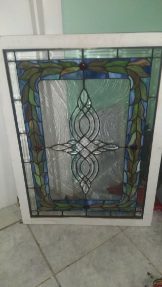 vintage stain glass window with 4 beveled red designs `18 x 26 2