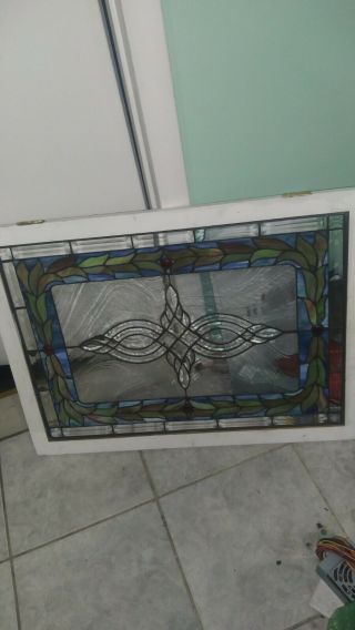 vintage stain glass window with 4 beveled red designs `18 x 26 3