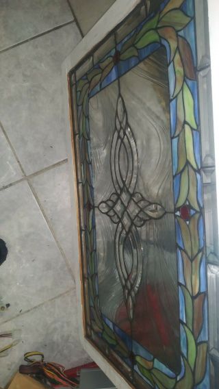 vintage stain glass window with 4 beveled red designs `18 x 26 4