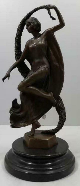 Art Deco Style Bronze Dancing Lady With Ribbon Of Flowers - Signed - 35cm High
