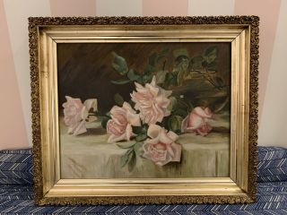 Antique Victorian Still Life FLOWER PAINTING Pink ROSES Lemon Gold Frame 2
