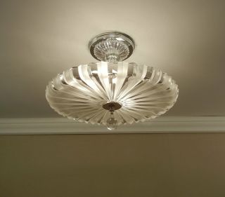 Vintage Art Deco Ceiling Light Fixture Glass Shade Chandelier Sunburst Starburst