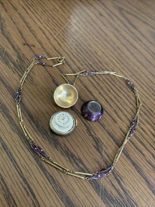Vintage Bucherer Swiss 17 Jewels Gold & Purple Enamel Ball Pendant Watch
