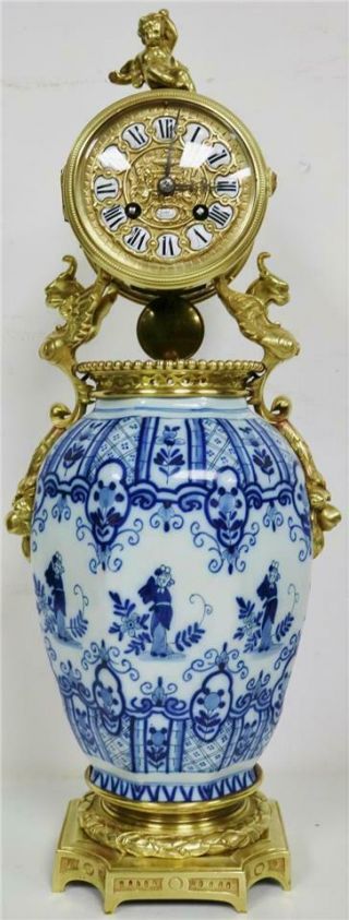 Antique French 8 Day Chinese Blue & White Porcelain & Bronze Mounts Mantle Clock