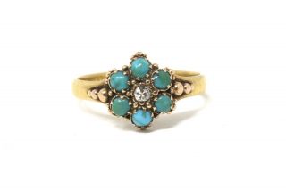 A Sublime Antique Victorian 18ct Yellow Gold Turquoise & Diamond Cluster Ring