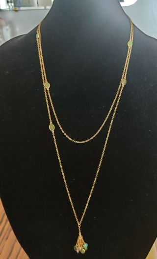 Vintage 14 Karat Gold W/turquoise And Other Stones Long Tassel Necklace
