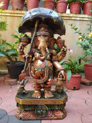Ganesha Hand Carved Sculpture Hindu God Umbrella Ganesh Statue Figurine Murti Us