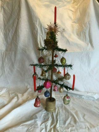 Antique German Feather Tree With Gold Angel Hair,  Candes And Ornaments