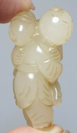 A Fine Qing Dynasty White /green Jade Carving Of Father Carring His Child.