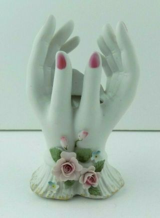 Vintage Lefton China Hands Planter Vase Shabby Pink White Bisque Pottery Roses