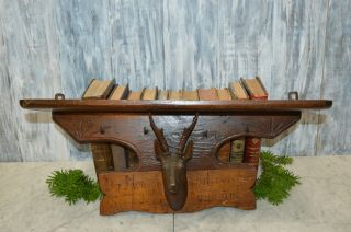 Antique German Black Forest Carved Wood Deer Head Shelf Hooks Man Is Noble Good
