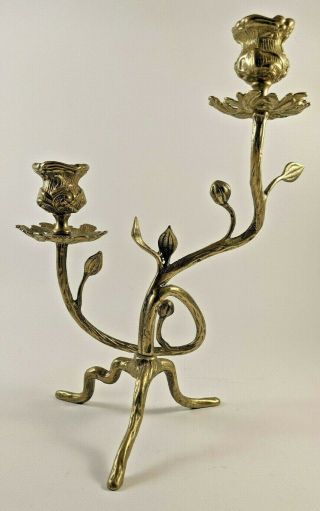Rare Vintage/antique Brass Two Arm Candle Stick Holder - Leaves,  Floral Motif