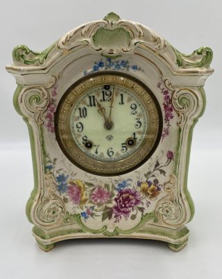 Antique Porcelain Ansonia Floral Royal Bonn Mantel Clock Flowers