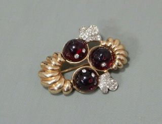 Rare Vintage Signed Halbe Gold Plate Molded Red Glass Rhinestone Brooch Pin