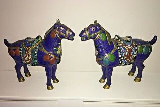 Antique Vintage Pair Chinese CloisonnÉ Enamelled Tang Horses 13 " X 11.  5 " Lovely