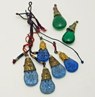 Vintage / Antique Chinese Kingfisher Feather Glass Drop Pendants