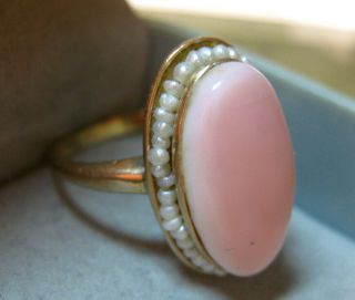 1920 10k Solid Gold Natural Pink Angel Skin Coral Seed Pearls Sleek Antique Ring