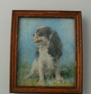 Antique/vintage Hand - Painted Portrait Miniature - King Charles Spaniel Dog C1900