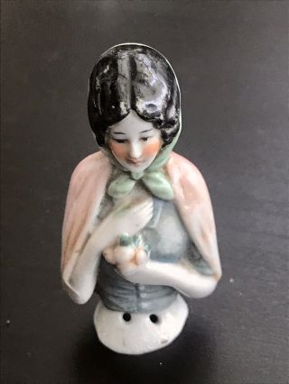 Vintage German Porcelain Half Doll Pin Cushion " Peasant Girl "