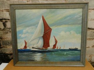 Really Old Painting Oil On Canvas Sail Boats Signed