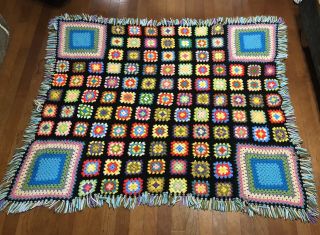 Vintage Handmade Crochet Blanket Quilt Afghan Throw Granny Square Multicolored