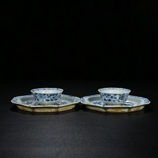 6.  7 " Chinese Porcelain Yuan Dynasty A Pair Blue White Peacock Peony Teacup B2