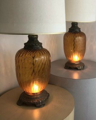 Pair Vintage Mid Century Crusaders Amber Glass Light Up Base Circa 1970s Lamps