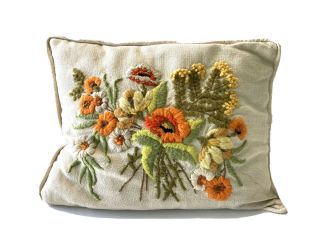 Vintage Handmade Crewel Embroidered Pillow Floral Cottage 14”x12” Mustard Decor