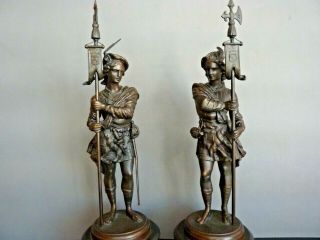 Antique Bronze Spelter Armored Soldiers Statues Sculptures