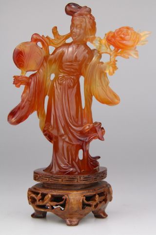 Antique Chinese Carved Carnelian Agate Statue Kwanyin Lady Wood Stand 19th Qing