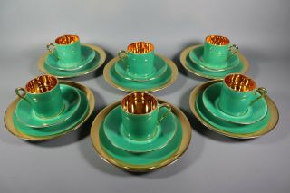 Antique French Art Deco Green Gold Limoges Porcelain Tea Cup Set W/ Plates 1930s