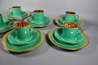 Antique French ART Deco Green Gold LIMOGES Porcelain Tea Cup Set w/ Plates 1930s 2