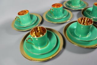 Antique French ART Deco Green Gold LIMOGES Porcelain Tea Cup Set w/ Plates 1930s 3