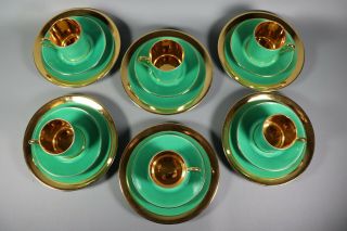 Antique French ART Deco Green Gold LIMOGES Porcelain Tea Cup Set w/ Plates 1930s 4