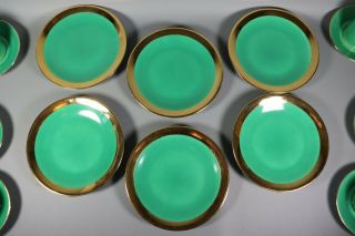 Antique French ART Deco Green Gold LIMOGES Porcelain Tea Cup Set w/ Plates 1930s 5