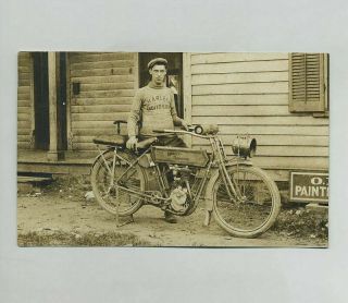 Early Rppc Man W/antique Harley Davidson Motorcycle Real Photo Postcard Yz4971