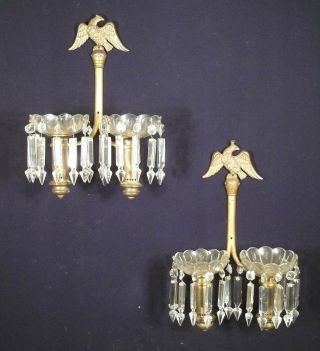 A Vintage Early 20th Century Double Arm Eagle Finial Brass,  Glass Sconces