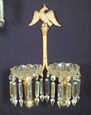 A VINTAGE EARLY 20th CENTURY DOUBLE ARM EAGLE FINIAL BRASS,  GLASS SCONCES 2