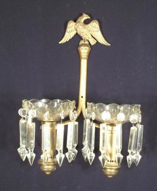 A VINTAGE EARLY 20th CENTURY DOUBLE ARM EAGLE FINIAL BRASS,  GLASS SCONCES 3