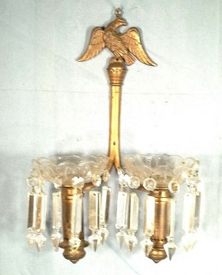 A VINTAGE EARLY 20th CENTURY DOUBLE ARM EAGLE FINIAL BRASS,  GLASS SCONCES 4