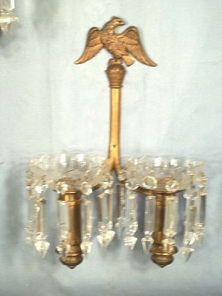 A VINTAGE EARLY 20th CENTURY DOUBLE ARM EAGLE FINIAL BRASS,  GLASS SCONCES 5