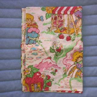 Rare Vtg 80s Strawberry Shortcake American Greetings Twin Flat Fitted Bed Sheet
