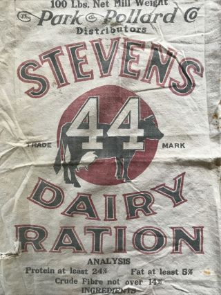 Rare Vtg Stevens Dairy Ration Cow Feed Sack 100 Lbs Cloth Bag Oswego Ny