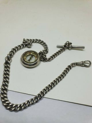 Fine Antique Solid Silver Albert Watch Chain With Compass Fob,  Chester