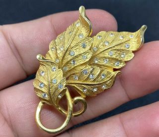 Vintage Goldtone Pennino Rhinestone 2” Leaf Brooch Pin