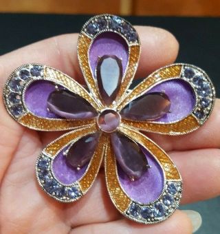 Vintage Monet Flower Brooch Pin Purple Teardrop Stones,  Rhinestones Amber Resin
