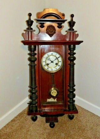 Antique Early 20th Century Walnut & Beech Cased Vienna Wall Clock With Chime Key