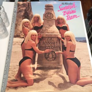 Vintage 1991 Old Milwaukee Swedish Bikini Team 2 Sided Beer Poster 90s