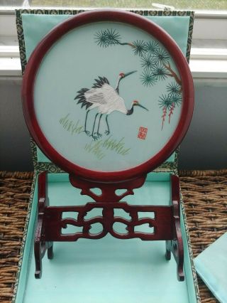 Vintage Chinese Hand Embroidered Silk Table Screen Wood Swivel Stand 14 " Tall
